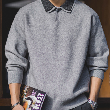 復古撞色拼接假兩件翻領毛衣男2025秋冬季新款寬鬆休閒通勤針織衫