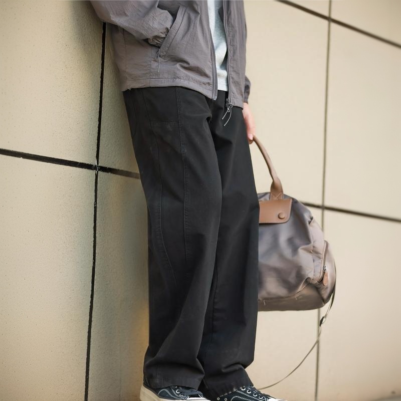 日系重磅純棉水洗直筒休閒褲男330g拼接設計感寬鬆長褲