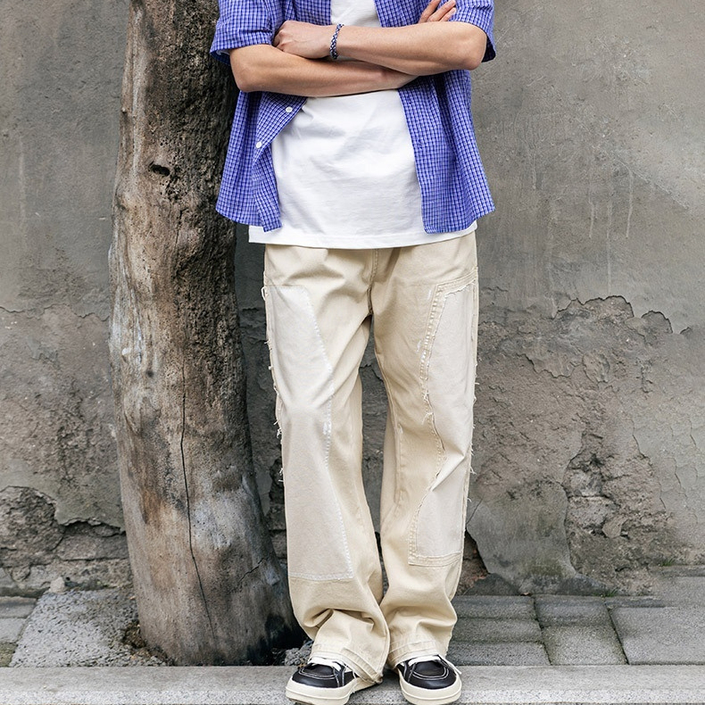MRA破壞潑墨寬鬆米白牛仔褲復古休閒直筒多口袋伐木工褲男夏