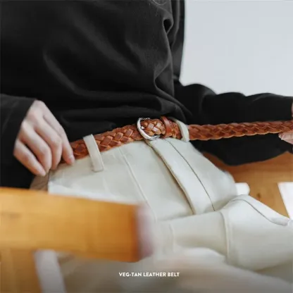 復古植鞣牛皮編織腰帶百搭免打孔皮帶簡約時尚感配飾帶四季女-Retro's Wear