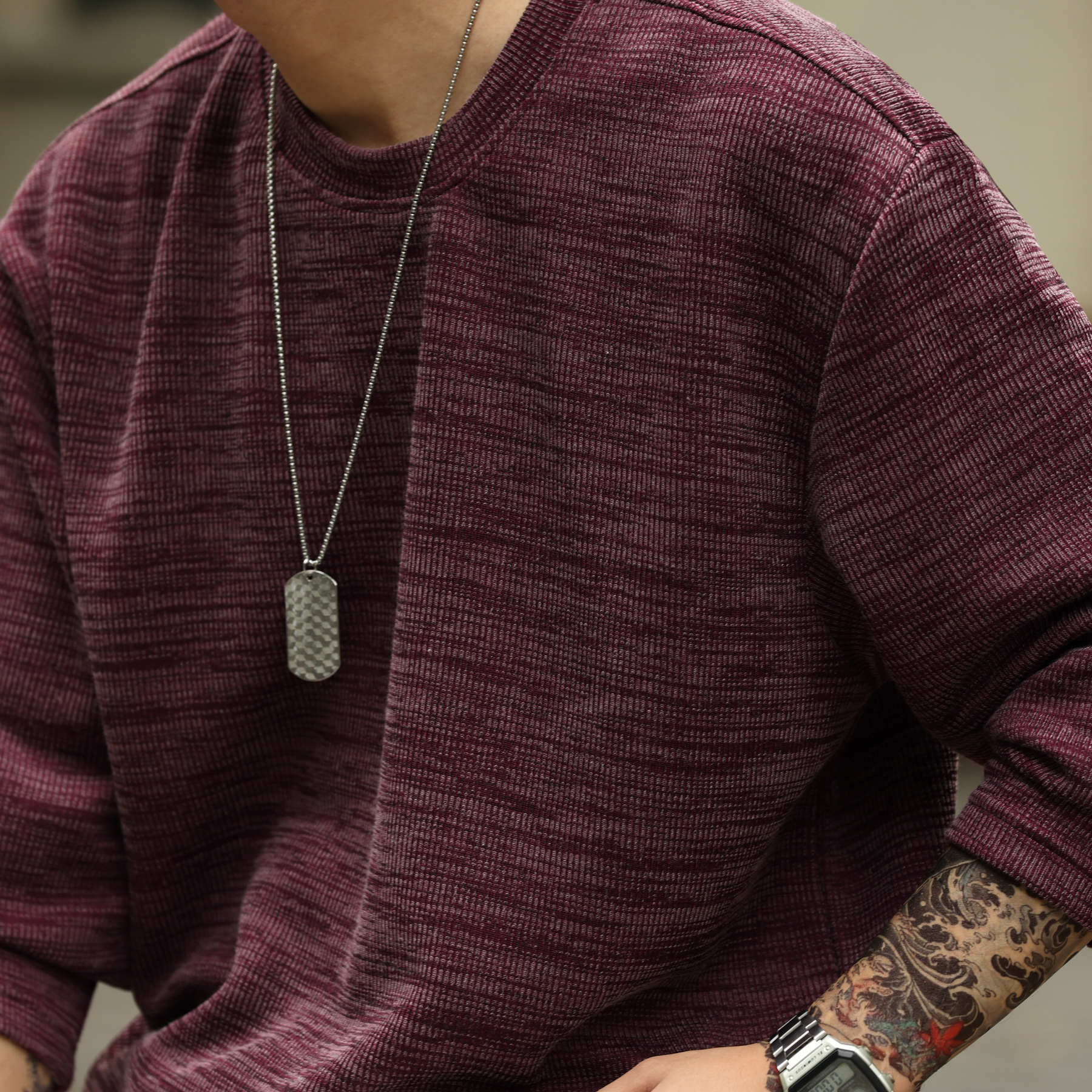 美式復古300g重磅長袖T恤男慵懶感色織紋理休閒打底衫