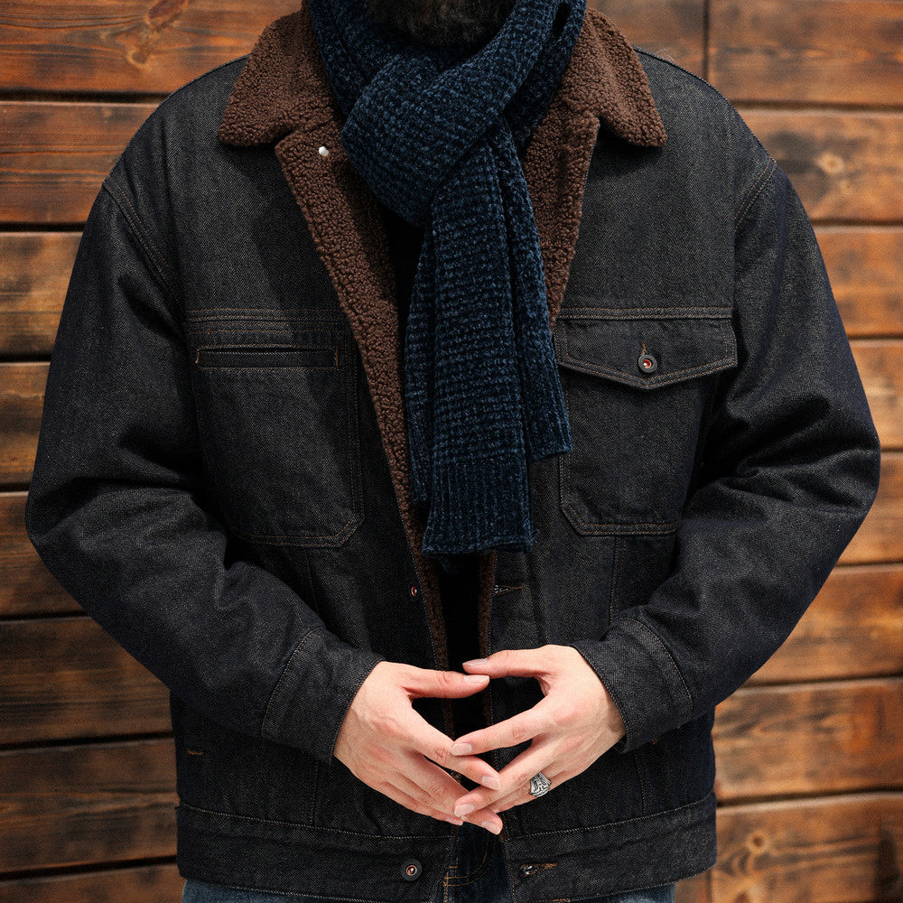 美式復古重磅羊羔絨外套男加絨加厚原色牛仔夾克棉衣冬