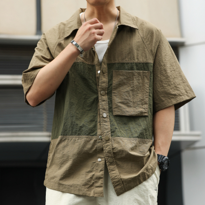 美式復古微褶肌理短袖襯衣男140g撞色拼接口袋疊穿襯衫