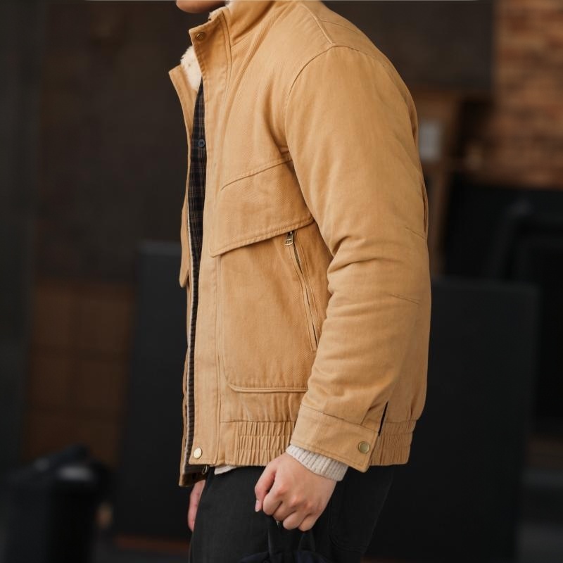 美式復古A2羊羔絨立領夾克男水洗純棉卡其保暖工裝外套