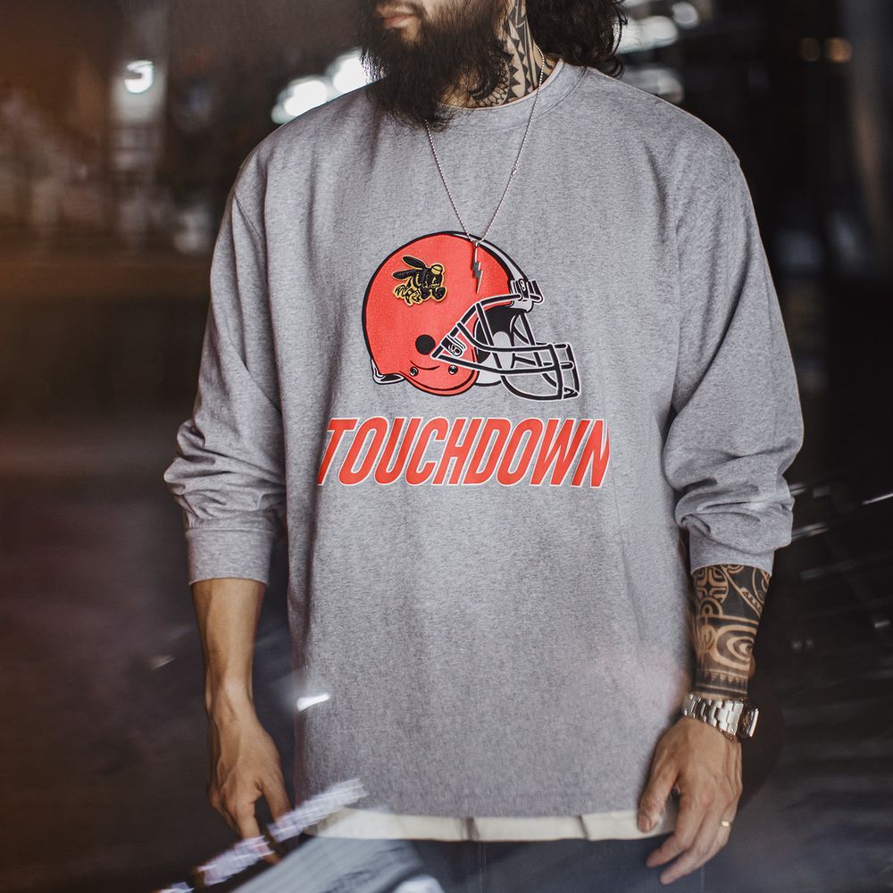 美式復古刺繡印花長袖T恤灰色圓領套頭落肩衛衣外套男夏