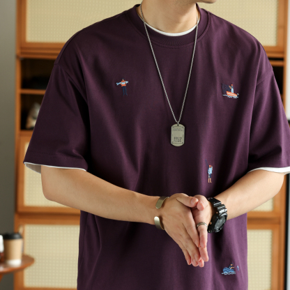 新疆長絨棉趣味小刺繡短袖T恤男260g凉感純棉圓領打底衫