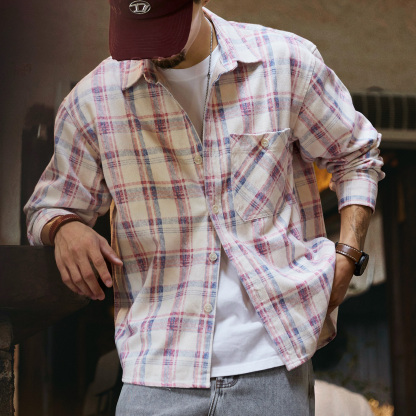 天絲萊賽爾淡粉色長袖襯衫男2025秋季新款水洗斑駁肌理感格子襯衣