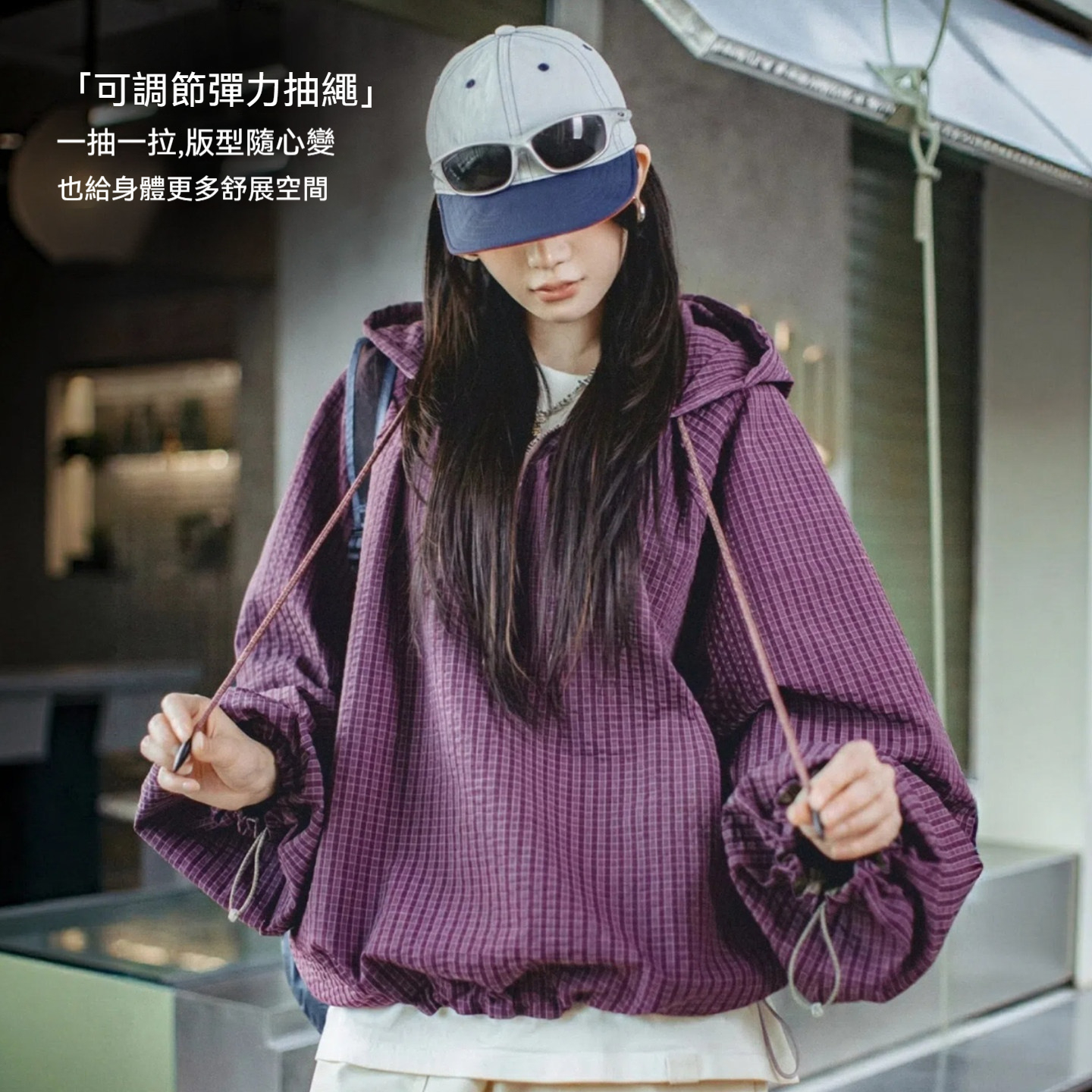 美式泡泡紗連帶帽半開襟工裝衛衣套頭衫寬鬆機能風上衣女士春