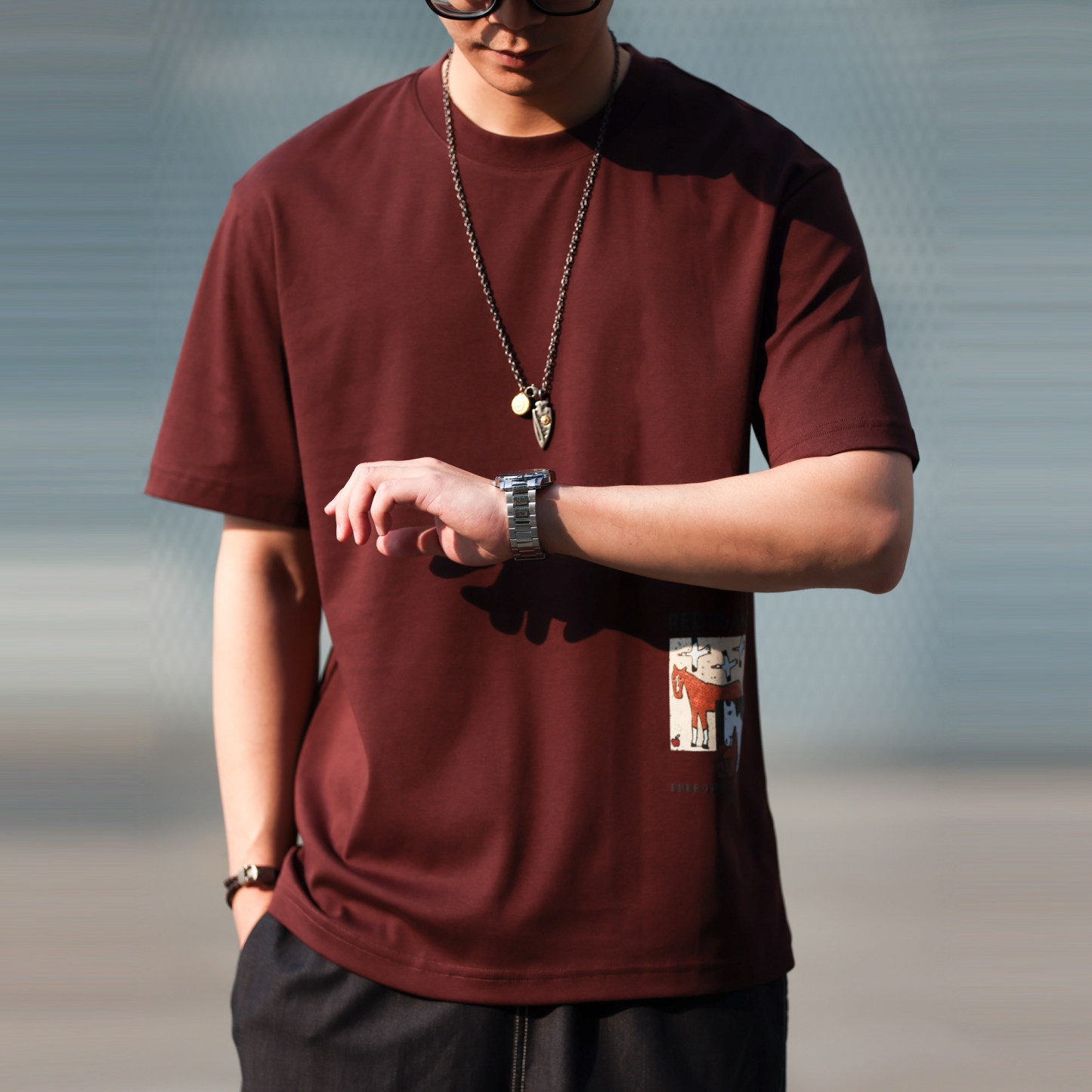 馬年定番趣味印花圓領T恤男美式休閒微寬凉感短袖打底衫