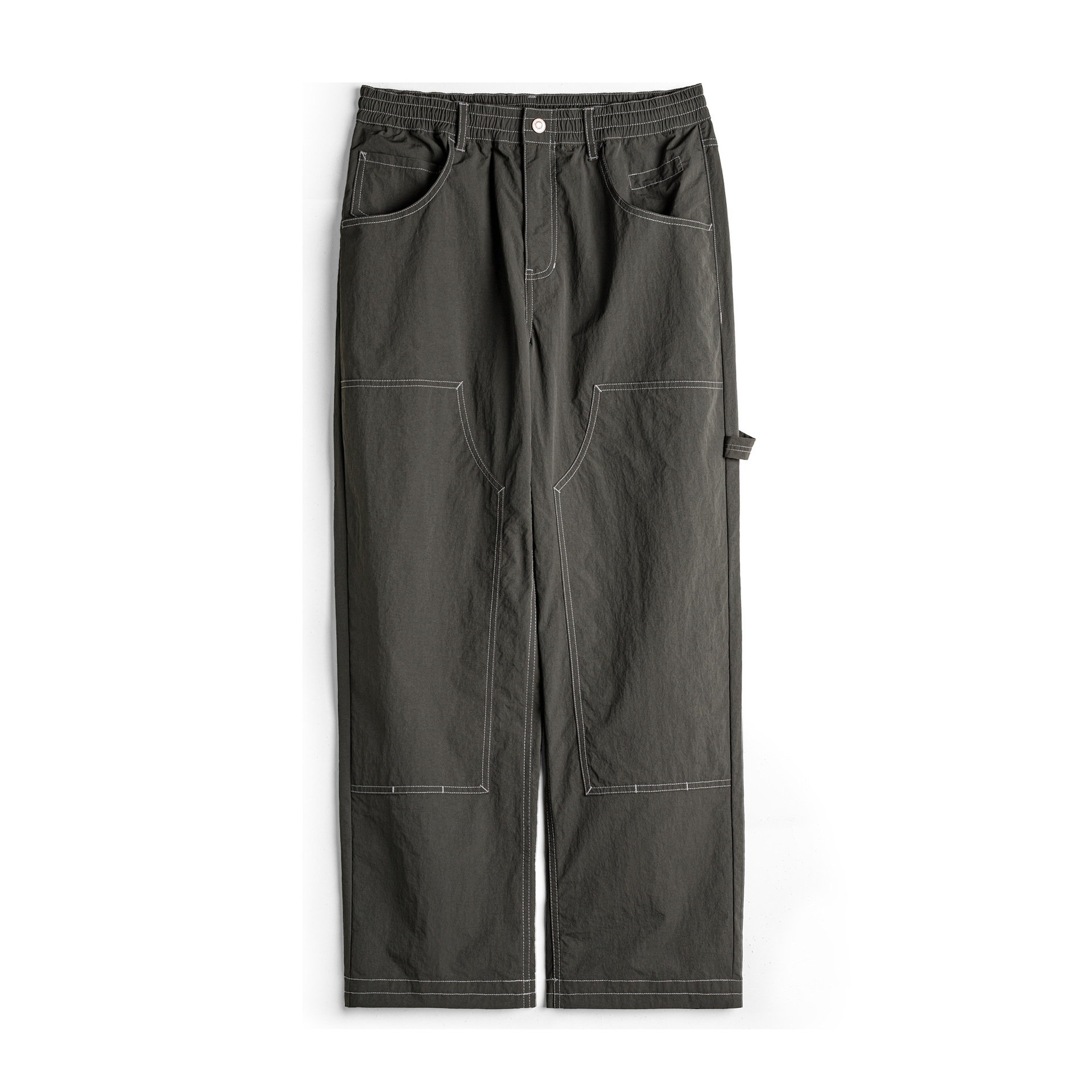 輕美式休閒雙膝伐木褲肌理感薄款垂感軍綠色長褲子男夏秋