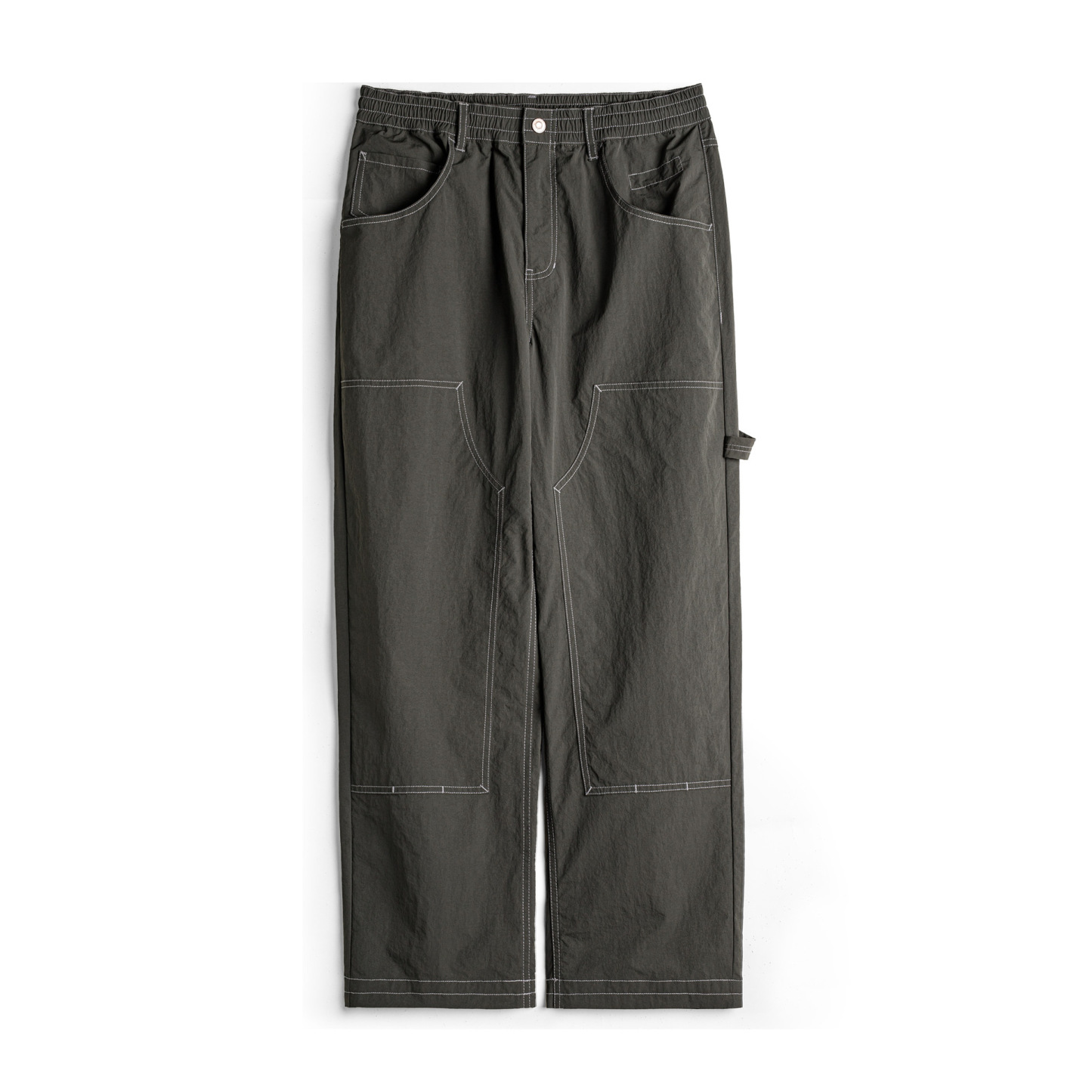 輕美式休閒雙膝伐木褲肌理感薄款垂感軍綠色長褲子男夏秋