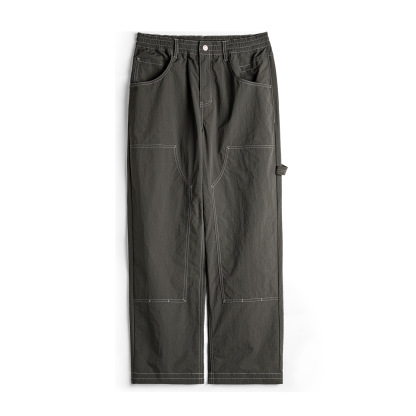 輕美式休閒雙膝伐木褲肌理感薄款垂感軍綠色長褲子男夏秋