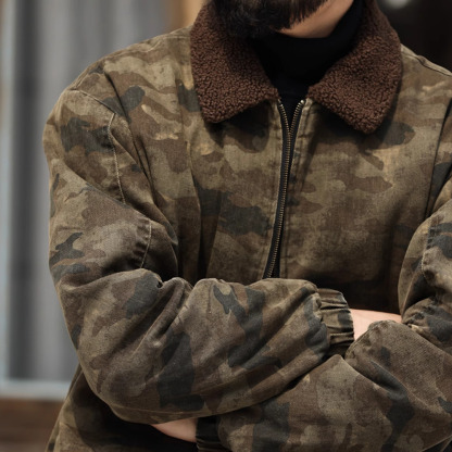 美式羊羔絨工裝帆布夾克男加絨加厚保暖復古迷彩外套冬