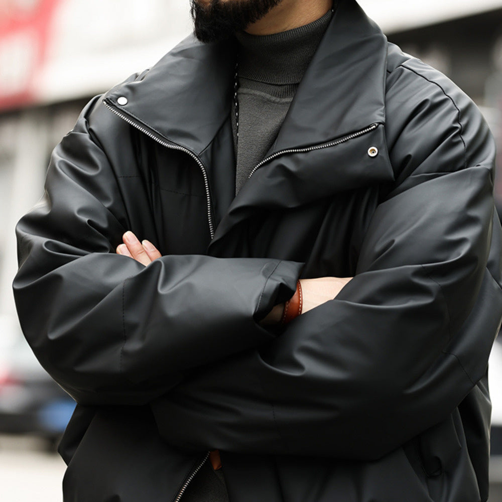 美式休閒cleanfit短款立領PU皮棉服外套男寬鬆復古高級感棉衣-Retro's Wear
