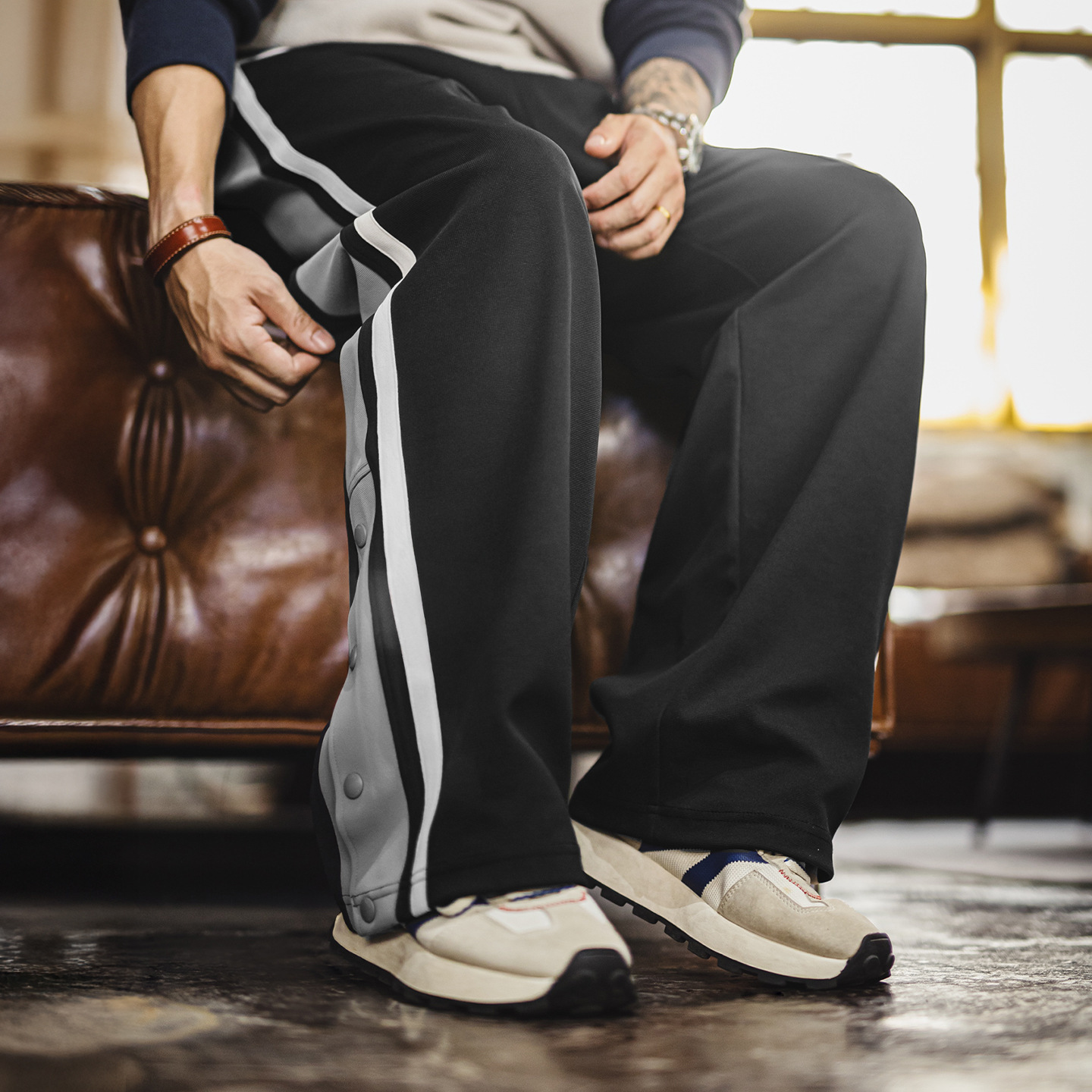 美式籃球排扣褲直筒運動衛褲休閒黑色條紋長褲子男款秋冬