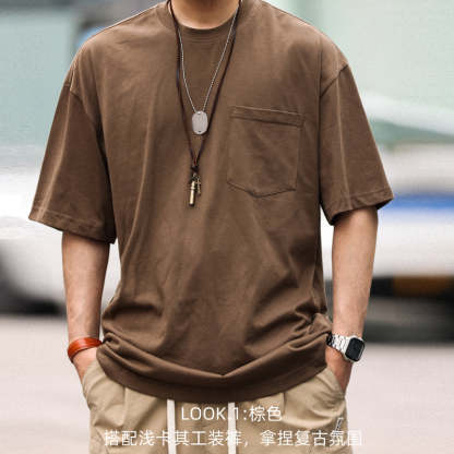 美式重磅280g純棉短袖T恤打底M7工裝口袋復古休閒大碼TEE夏-Retro's Wear