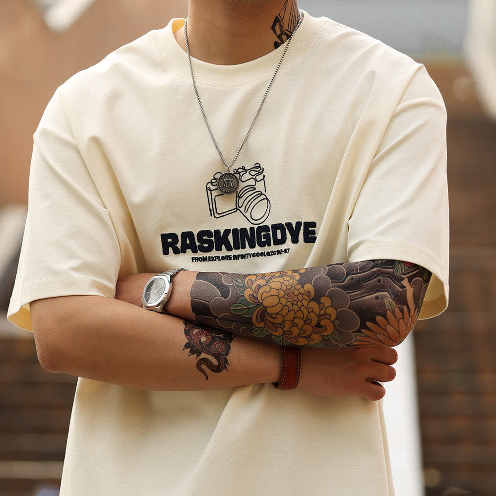 美式休閒210g發泡織圈短袖T恤男寬鬆杏色雙面棉印花TEE