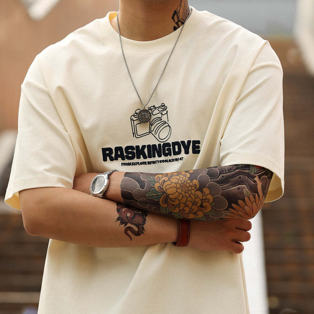 美式休閒210g發泡織圈短袖T恤男寬鬆杏色雙面棉印花TEE