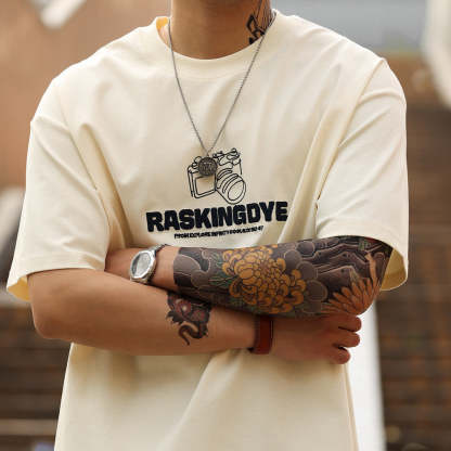 美式休閒210g發泡織圈短袖T恤男寬鬆杏色雙面棉印花TEE