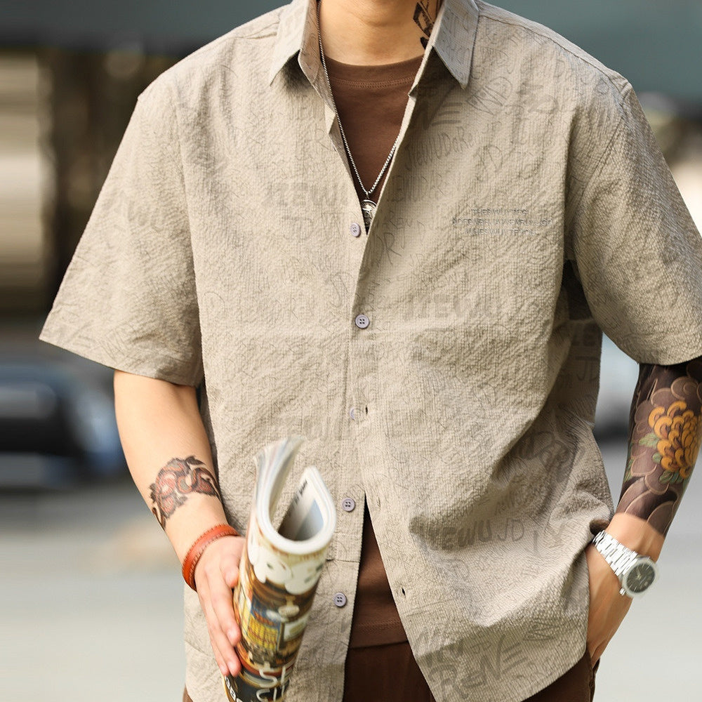 美式休閒夏威夷短袖襯衫男滿印提花雅痞復古疊穿襯衣