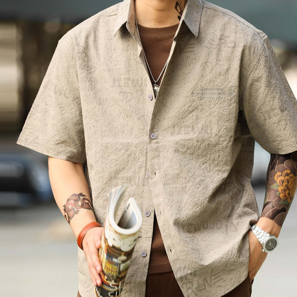 美式休閒夏威夷短袖襯衫男滿印提花雅痞復古疊穿襯衣