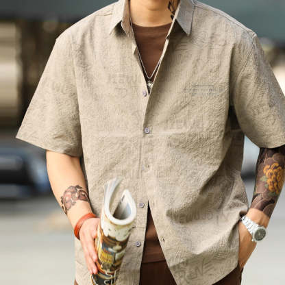 美式休閒夏威夷短袖襯衫男滿印提花雅痞復古疊穿襯衣