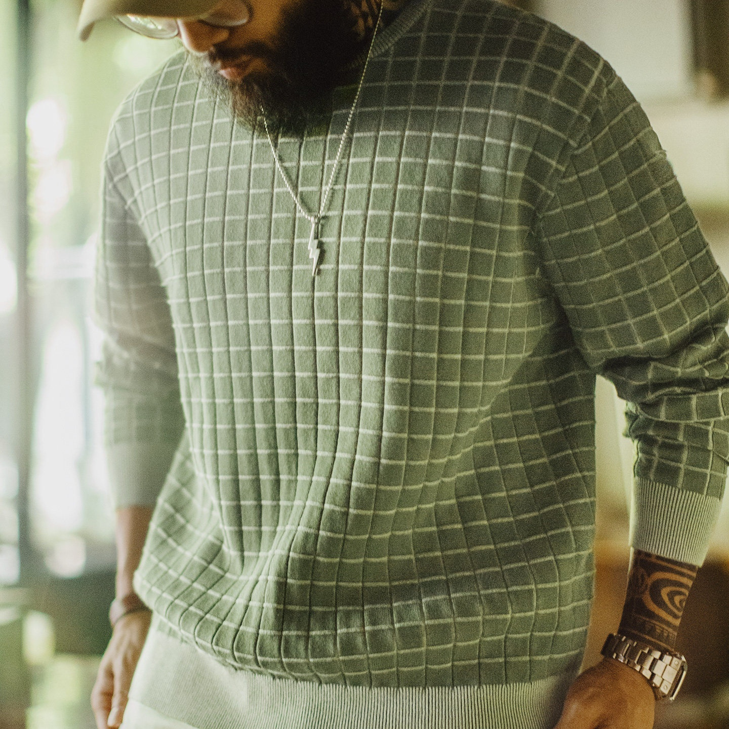 美式復古格子圓領衛衣格紋綠色長袖T恤套頭短款外套男春