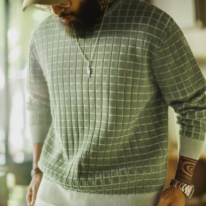 美式復古格子圓領衛衣格紋綠色長袖T恤套頭短款外套男春