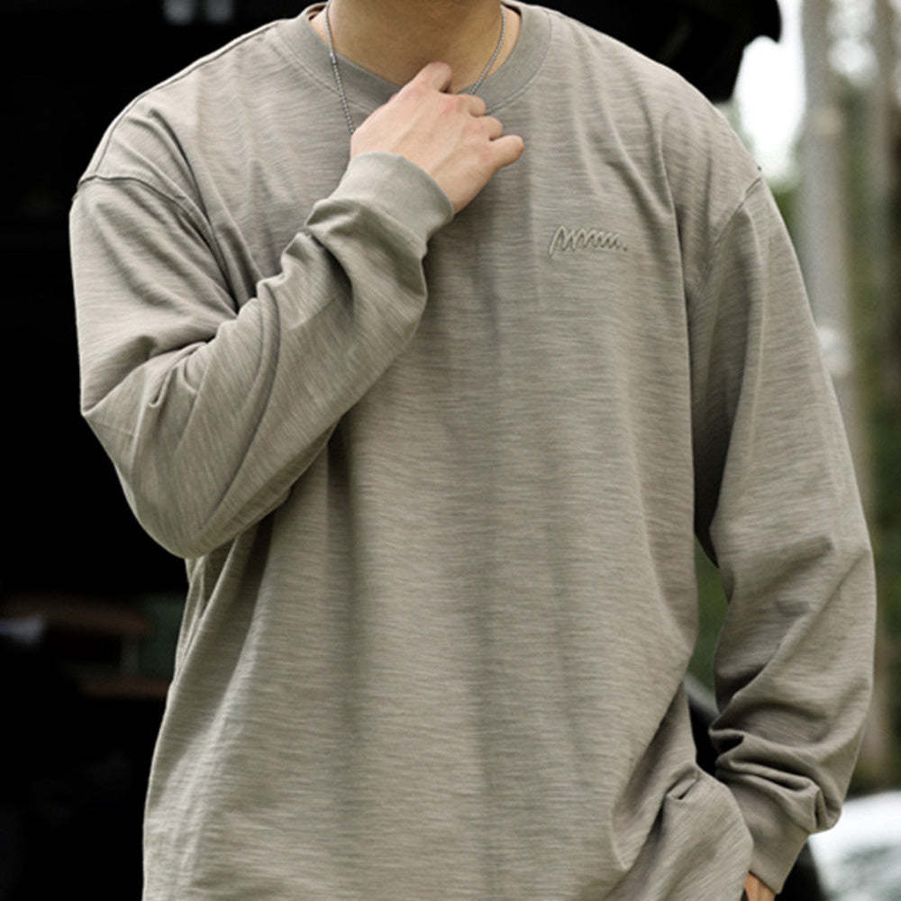 日系復古高密刺繡天竺棉長袖T恤男寬鬆cleanfit休閒打底衫秋-Retro's Wear