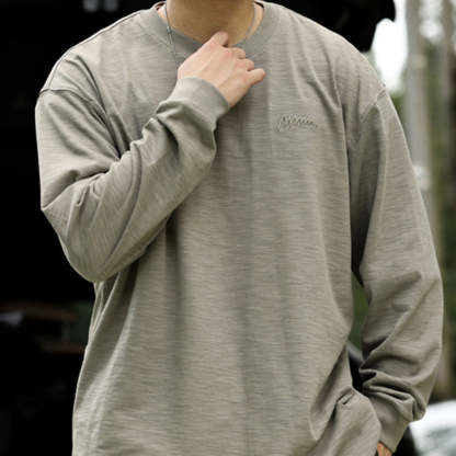 日系復古高密刺繡天竺棉長袖T恤男寬鬆cleanfit休閒打底衫秋-Retro's Wear