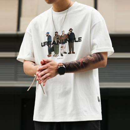 美式休閒趣味人物印花T恤男夏季街頭220g雙面棉短袖體恤