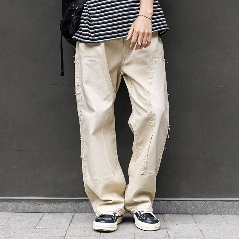 MRA破壞潑墨寬鬆米白牛仔褲復古休閒直筒多口袋伐木工褲男夏