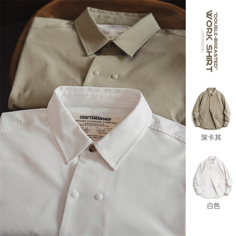 美式休閒人字紋雙排扣長袖襯衫百搭通勤翻領白襯衣男秋季-Retro's Wear