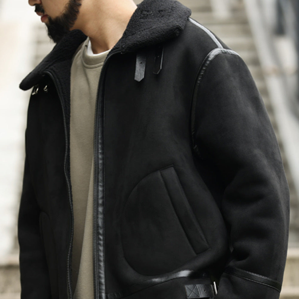 美式復古拼接麂皮絨棉衣外套男加厚保暖羊羔絨機車夾克