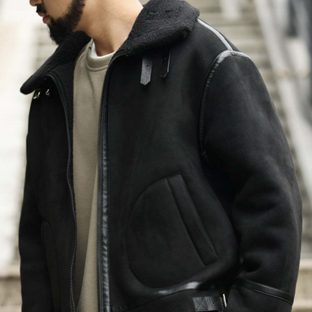 美式復古拼接麂皮絨棉衣外套男加厚保暖羊羔絨機車夾克