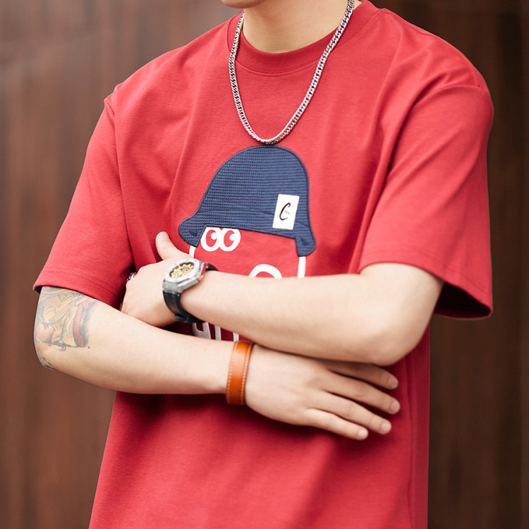 日系復古黑科技立體印花短袖T恤男士夏季寬鬆休閒圓領上衣