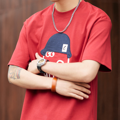 日系復古黑科技立體印花短袖T恤男士夏季寬鬆休閒圓領上衣