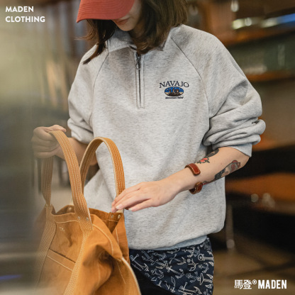 復古灰色翻領polo半拉鍊套頭加絨加厚長袖保暖衛衣外穿女秋冬