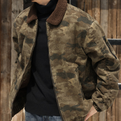 美式羊羔絨工裝帆布夾克男加絨加厚保暖復古迷彩外套冬