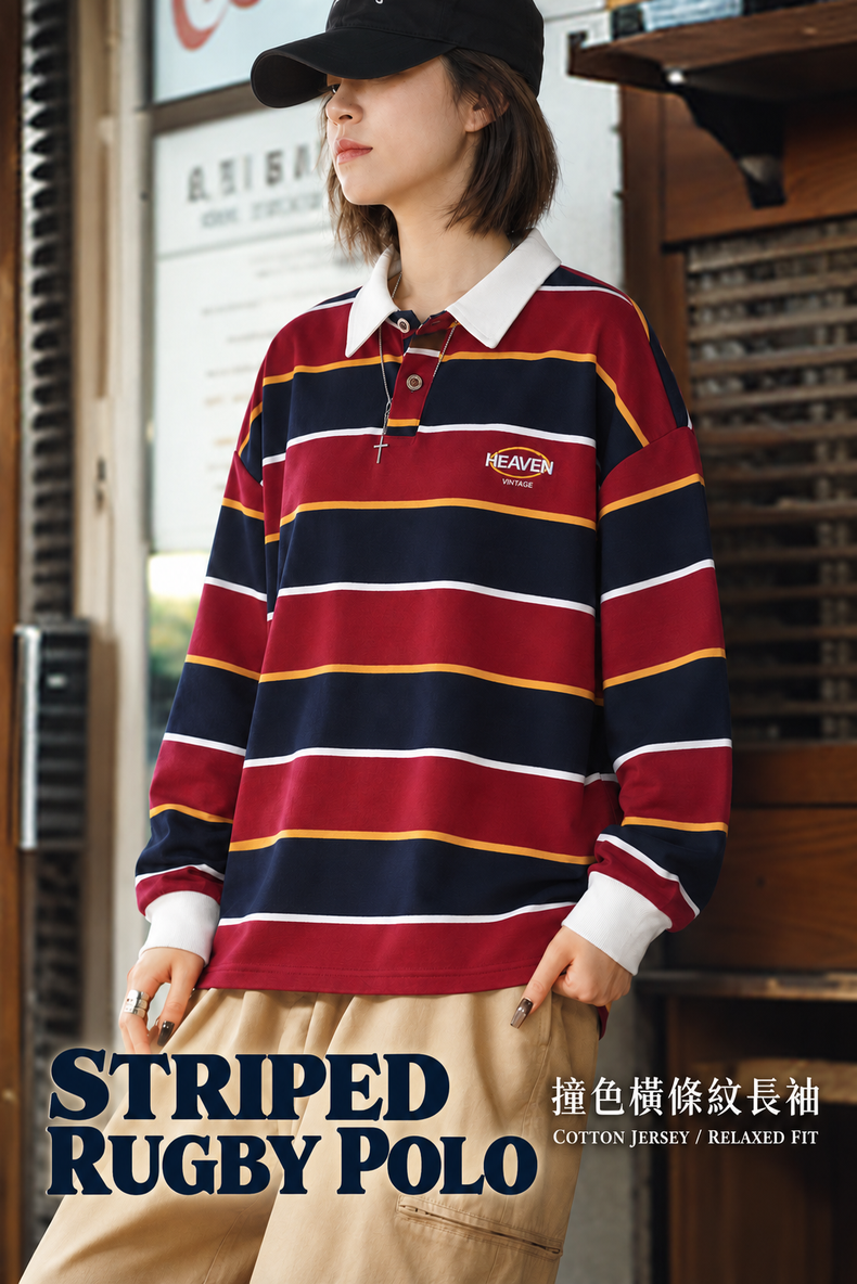 Color-Block Horizontal-Stripe Loose-Fit Drop-Shoulder Long-Sleeve Polo Shirt · 02-hero