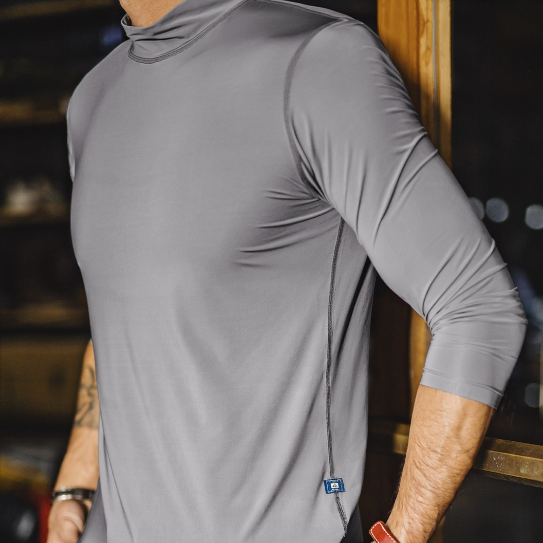 美式半高領長袖T恤健身彈力灰色修身冰絲內搭打底男士秋