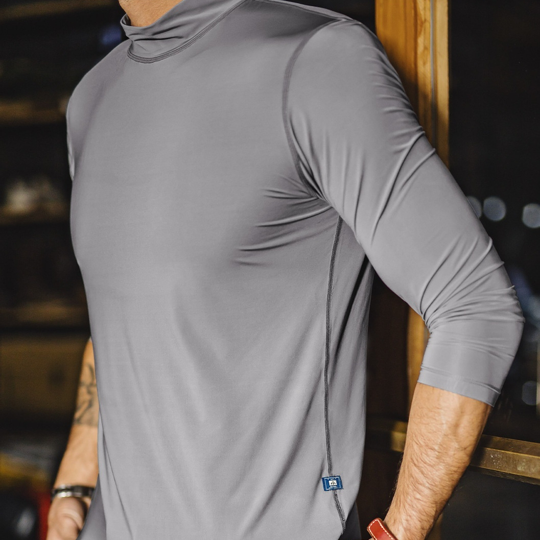 美式半高領長袖T恤健身彈力灰色修身冰絲內搭打底男士秋