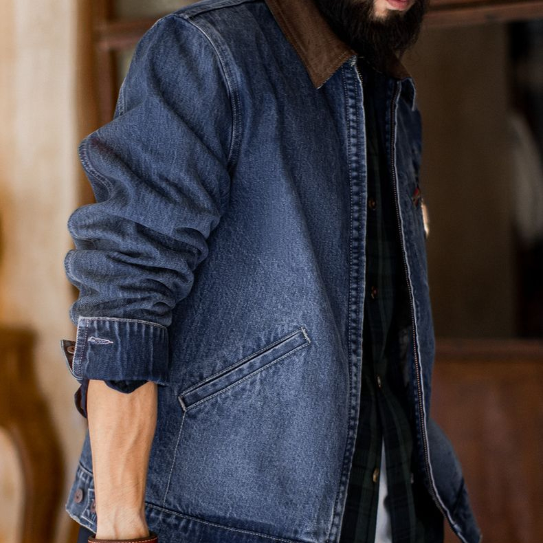 美式復古水洗牛仔底特律夾克vintage做舊短款外套男秋季