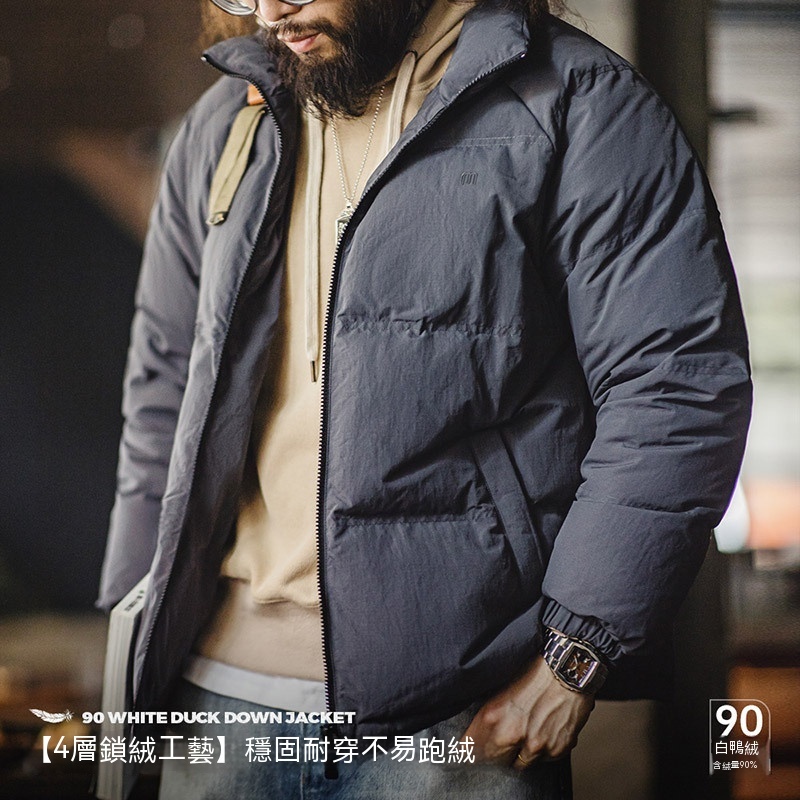 美式休閒立領90白鴨絨羽絨服戶外防風麵包服保暖外套男冬-Retro's Wear