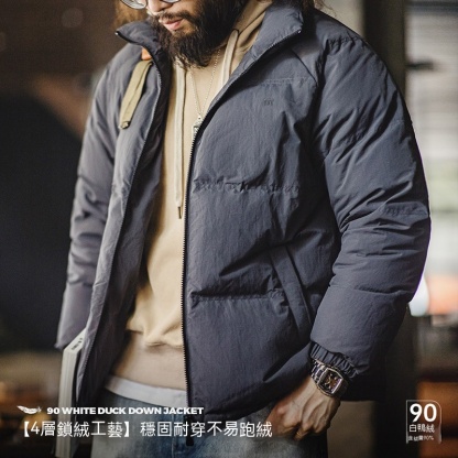 美式休閒立領90白鴨絨羽絨服戶外防風麵包服保暖外套男冬-Retro's Wear