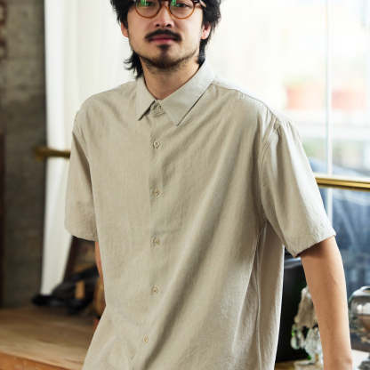 法式休閒抗皺免燙短袖襯衫男桃皮絨高級感復古痞帥襯衣