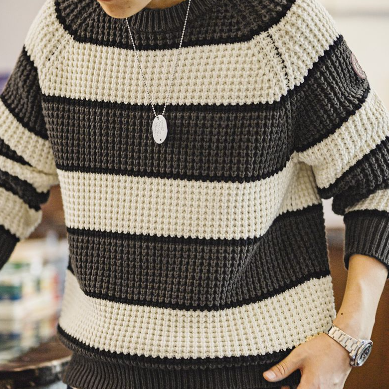 美式復古撞色鳳梨條紋毛衣肌理感套頭圓領打底針織衫男秋-Retro's Wear