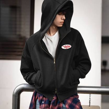 MRA410g加絨連帽章仔衛衣重磅加厚雙拉鍊短款運動開衫外套冬