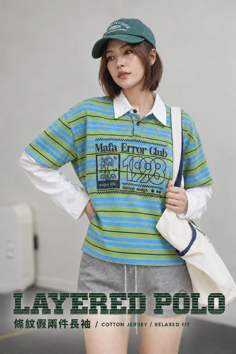 Striped Print Faux Two-Piece Long-Sleeve Polo Top · 02-hero