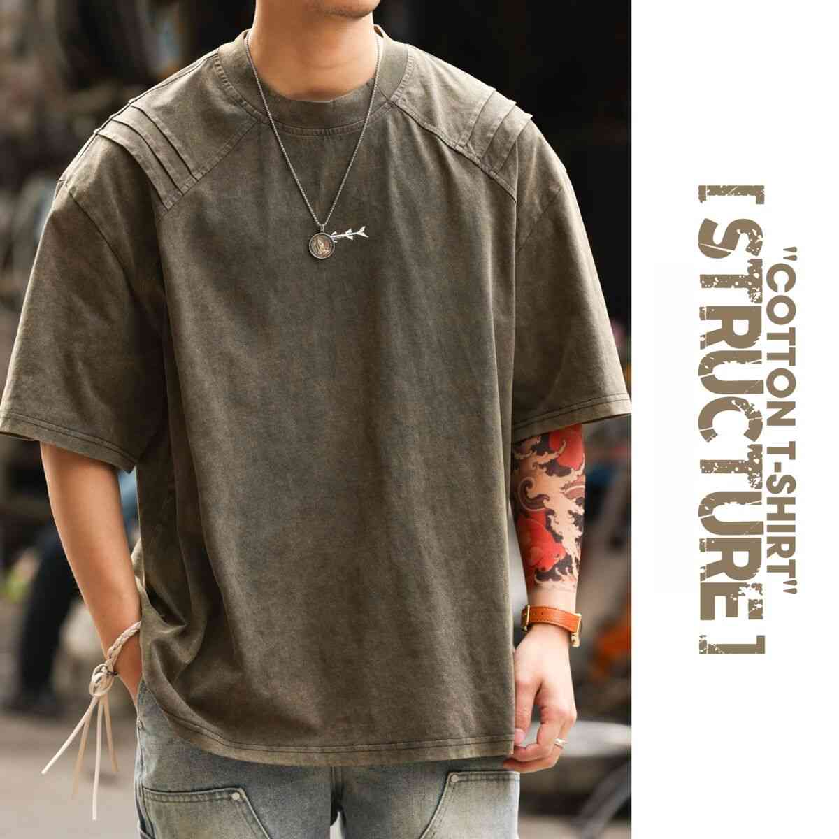 美式復古鯊魚腮設計短袖T恤男225g成服染色做舊硬漢上衣